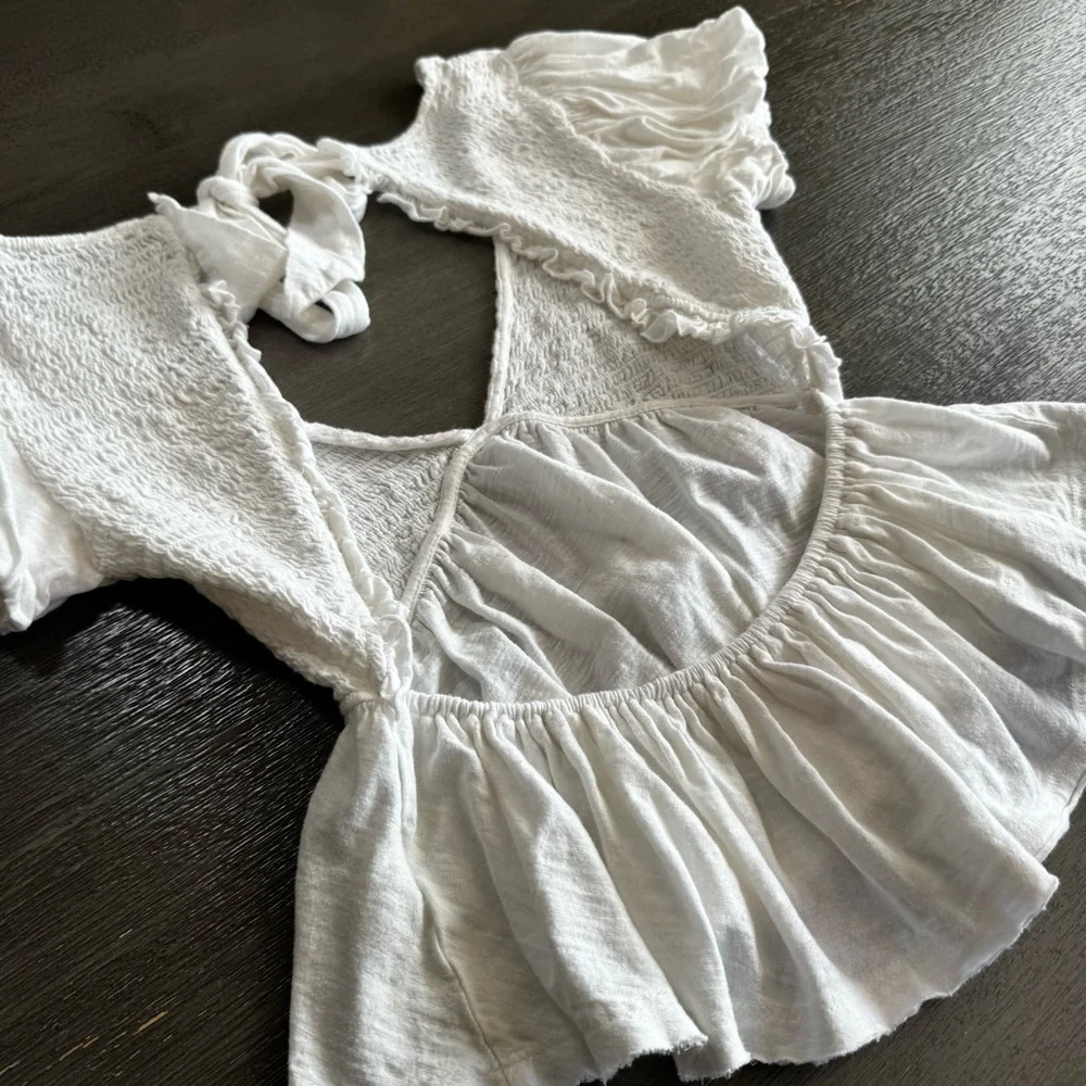 Free People White Charlotte Tie Back Crop Top XS Puff Smocked
